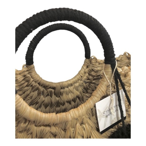 Wicker style straw basketweave black knit woven handle oversized‎ beach tote bag - Picture 6 of 15